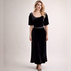 Vintage Womens Alix Taylor Maxi Dress 24W Black Velvet Short Sleeve 90s Holiday